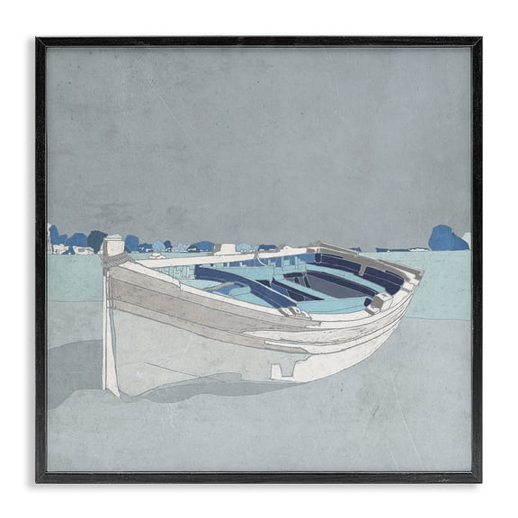 Stupell Industries Cottage Beached Row Boat Monochromatic Blue Nautical Town Black Framed Giclee Art, 12 x 12, by Ynon Mabat