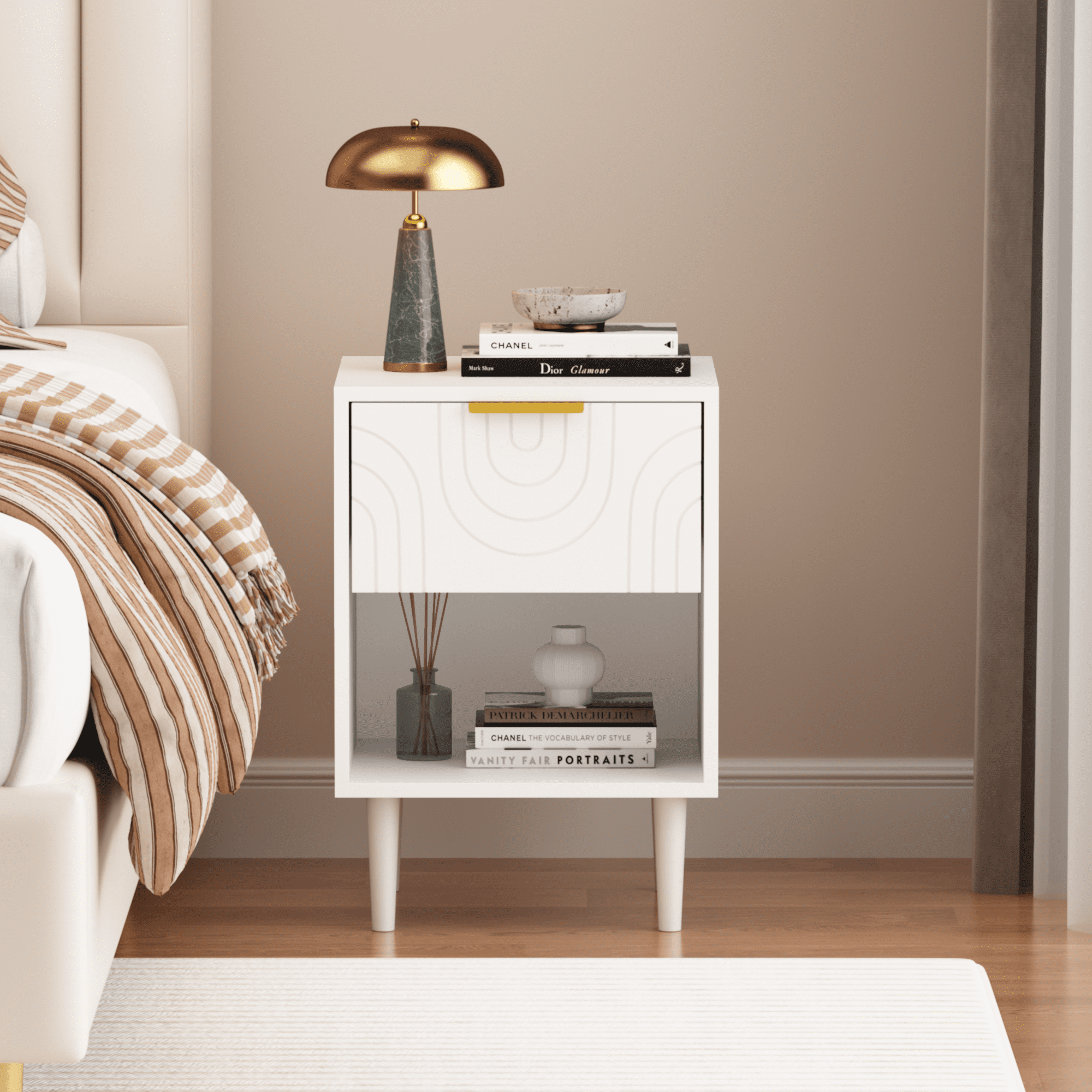 22.83" H Modern White Nightstand with One Drawer and Open Shelf, Gold - Accented Handle, Ideal for Bedroom Decor