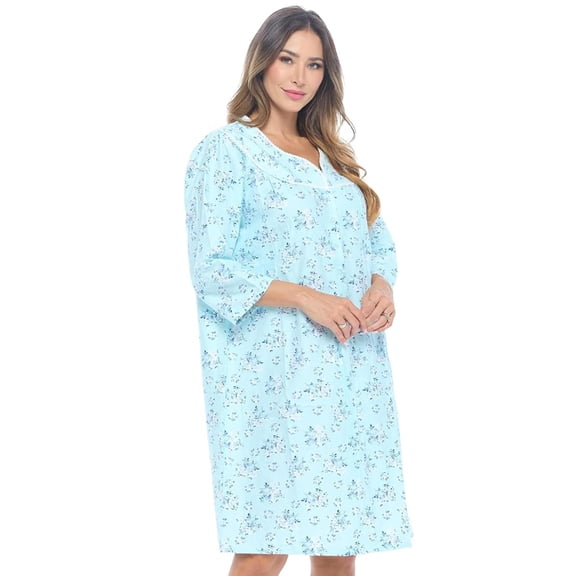 Casual Nights - Flannel Floral Long Sleeve Nightgowns for Women, Soft Lightweight Cotton & Lace Trim, Comfortable Lounging, Flower Blue X-Large