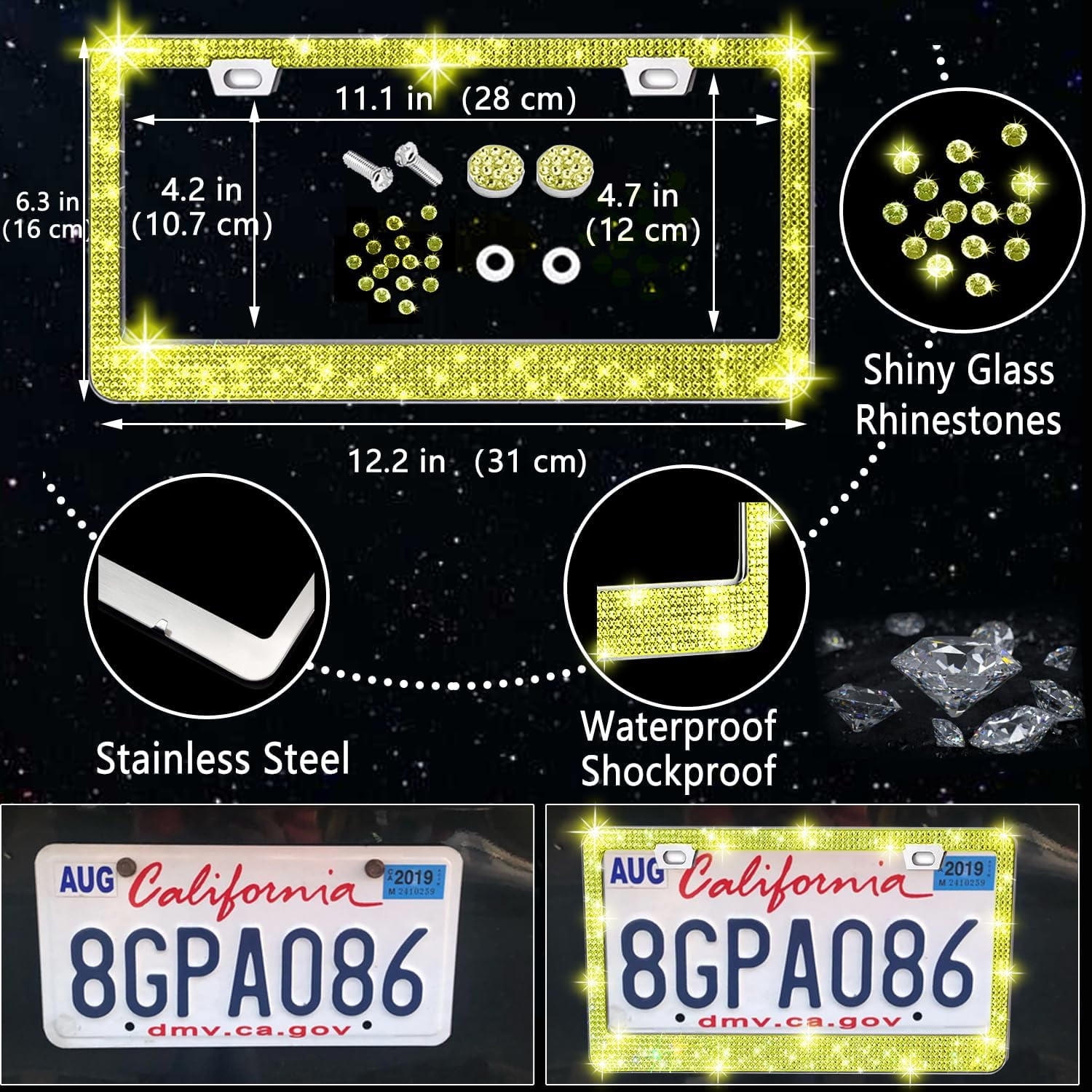 27-Piece Yellow Bling Car Accessories Set - Universal Fit Steering Wheel Covers, License Plate Frame, Phone Holder, Car Coasters