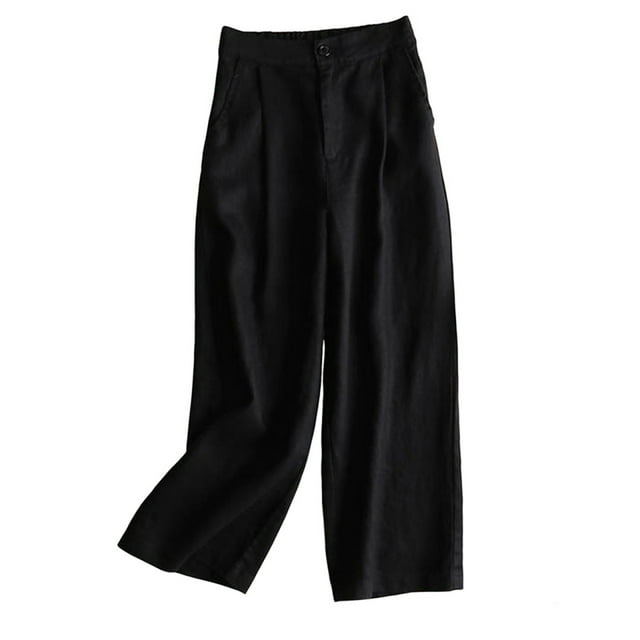 Timegard Women's Cotton Linen Elastic Waisted Ruched Wide Leg 7/8 Lounge Pants with Pockets