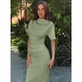 thumbnail image 4 of Olive Green High Neck Short Sleeve Midi Sheath Dress For Women, 4 of 8