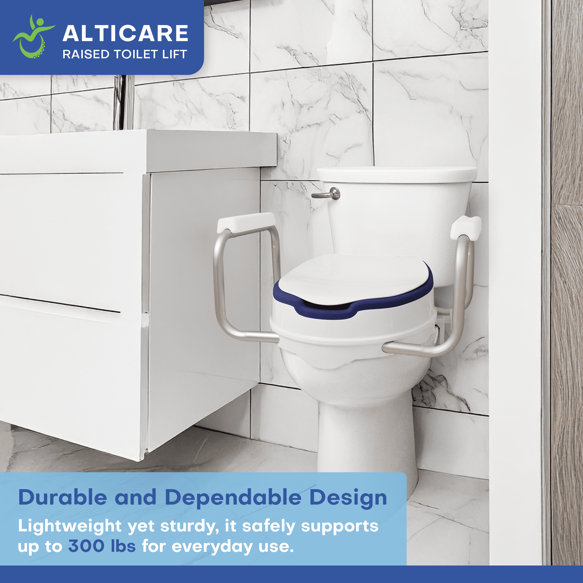AltiCare Raised Toilet Seat 5-Inch Elevated Commode Riser with Adjustable Armrests and Latex Free Rubberized Non Slip Seat