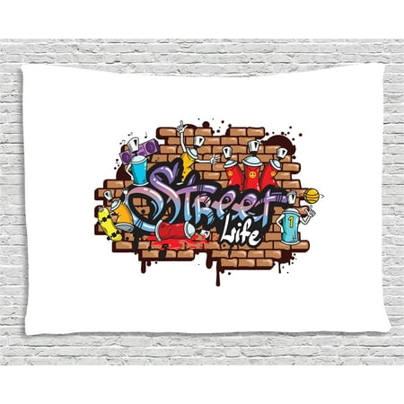 Youth Tapestry, Urban World Street Life Graffiti Art Spraycan Characters and Drippy Blotchy Letters, Wall Hanging for Bedroom Living Room Dorm Decor, 60W X 40L Inches, Multicolor, by