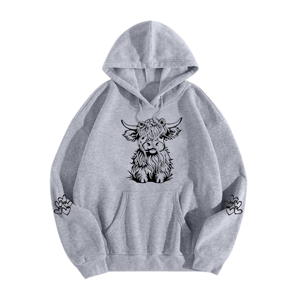 GPOECD Women's Cute Cattle Graphic Hoodie Long Sleeve Pullover Sweatshirt Soft Comfortable Casual Streetwear Top Grey,L