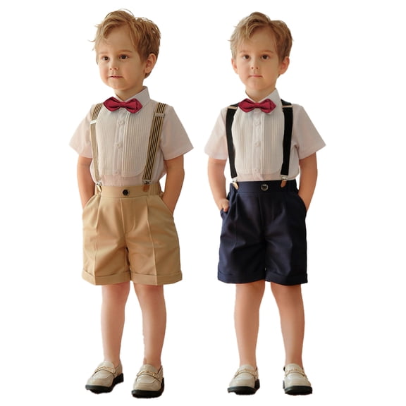 LYMAYTER Baby Formal 4Pcs Set Toddler for Wedding Graduation Short Shirt Short Pants Suspender Bow Tie