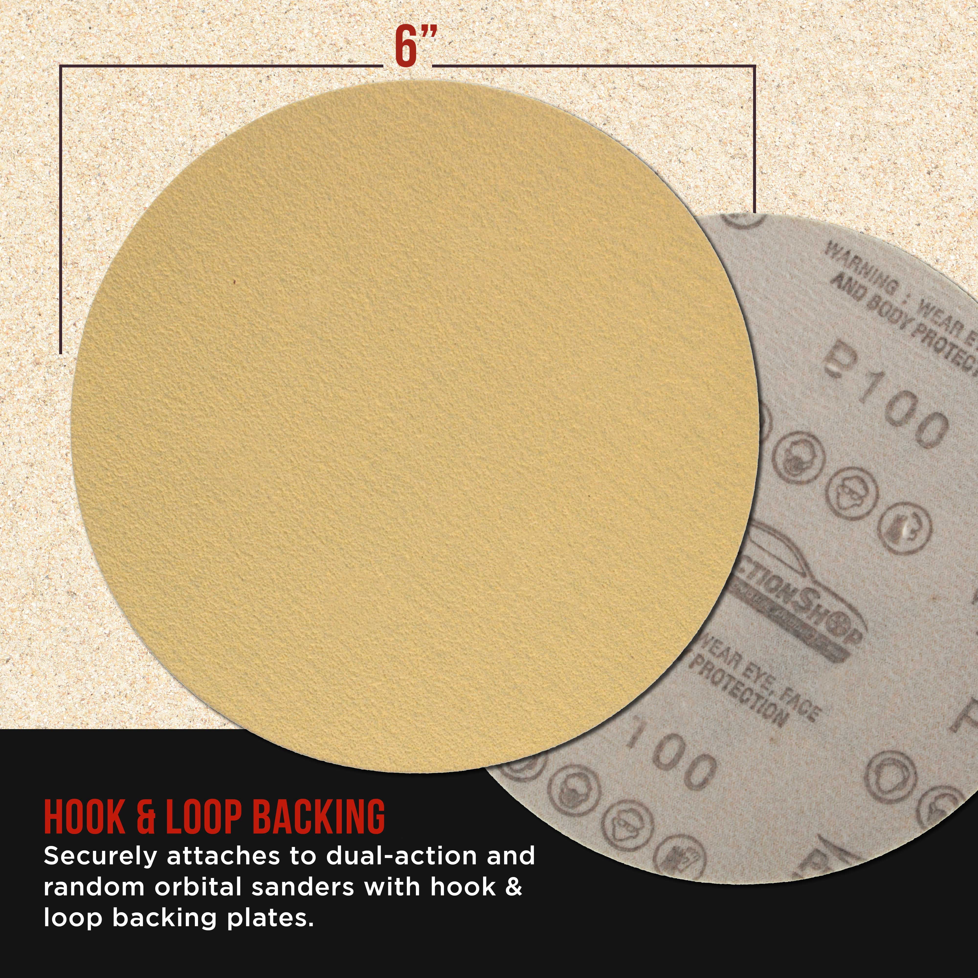 ProductionShop Premium 100 Grit 6" Gold Sanding Discs, Box of 100 - Hook & Loop Backing Abrasive Sandpaper for DA & Random Orbital Sanders - Sand Automotive Paint, Metal, Wood, Woodworking Furniture