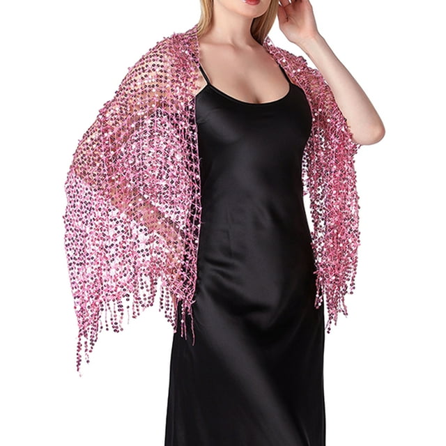 CHAL DE LENTEJUELAS INSPIRADORAS para Mujeres y Envolturas para Vestidos de Noche, Bufanda Brillante con Flecos para Fiesta de Boda Rosa 66.9"x19.7"