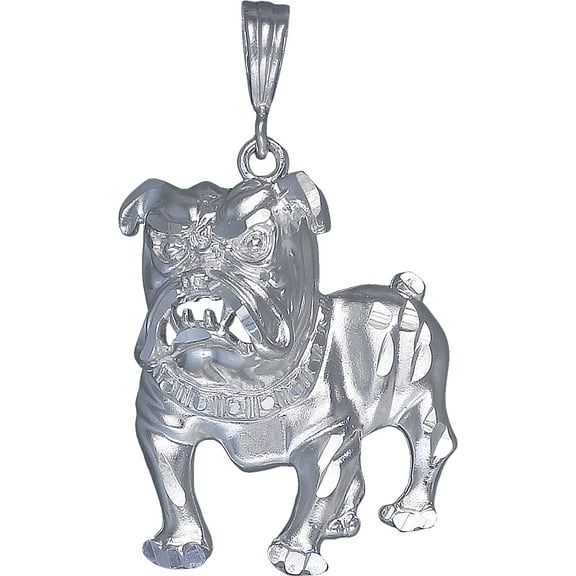 Sterling Silver Bulldog Charm Pendant Necklace with Diamond Cut Finish and 24 Inch Figaro Chain