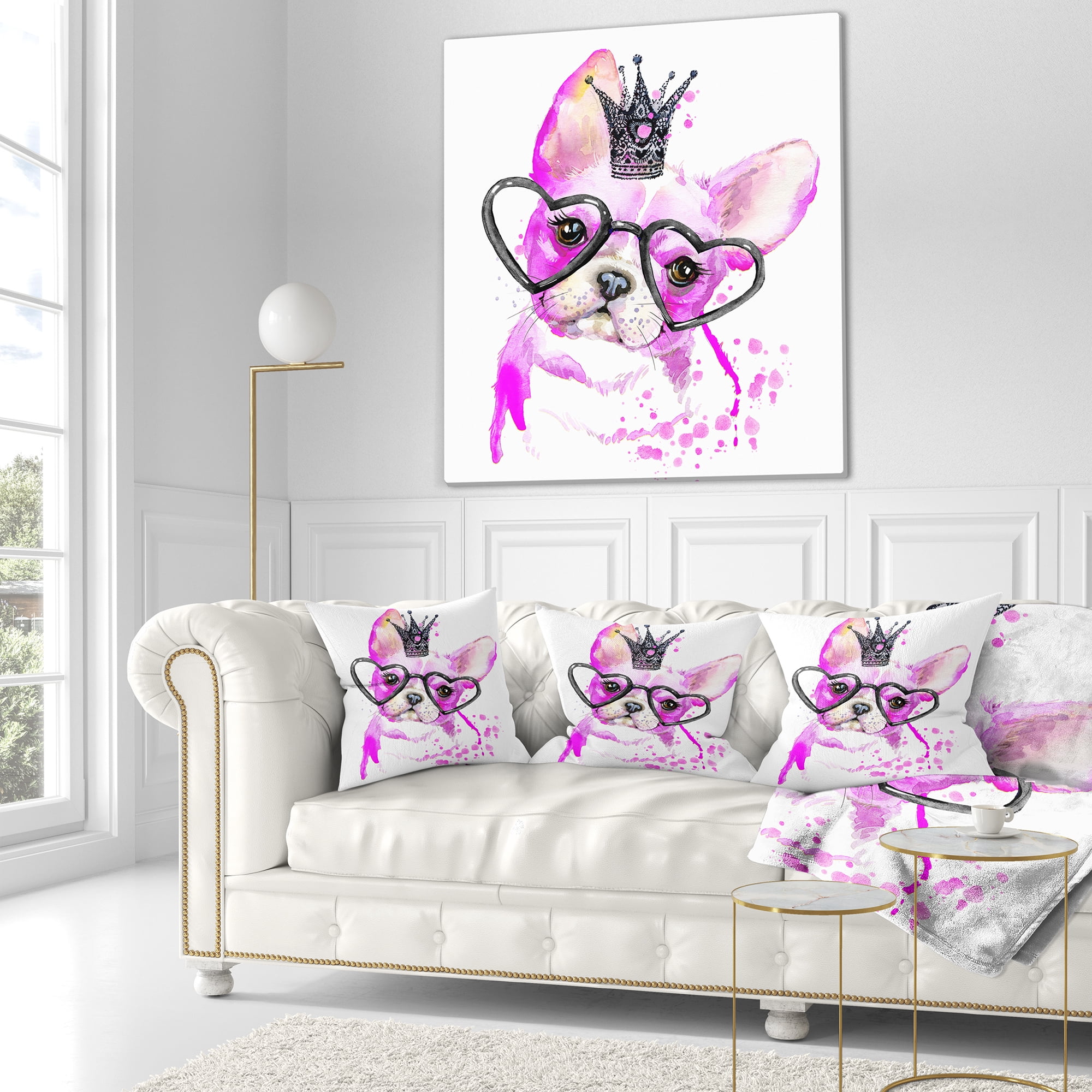 Designart Cute Pink Dog with Heart Glasses - Contemporary Animal Throw Pillow - 18x18