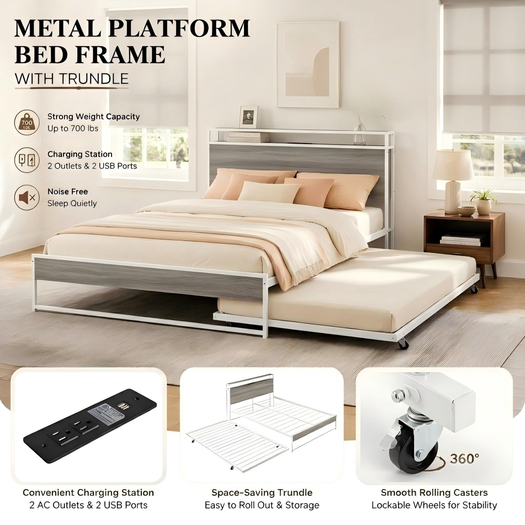 Aukfa Queen Size Metal Bed Frame with Trundle, USB Charging Ports and Storage Headboard, Modern Platform Bed with Wood Accents, White