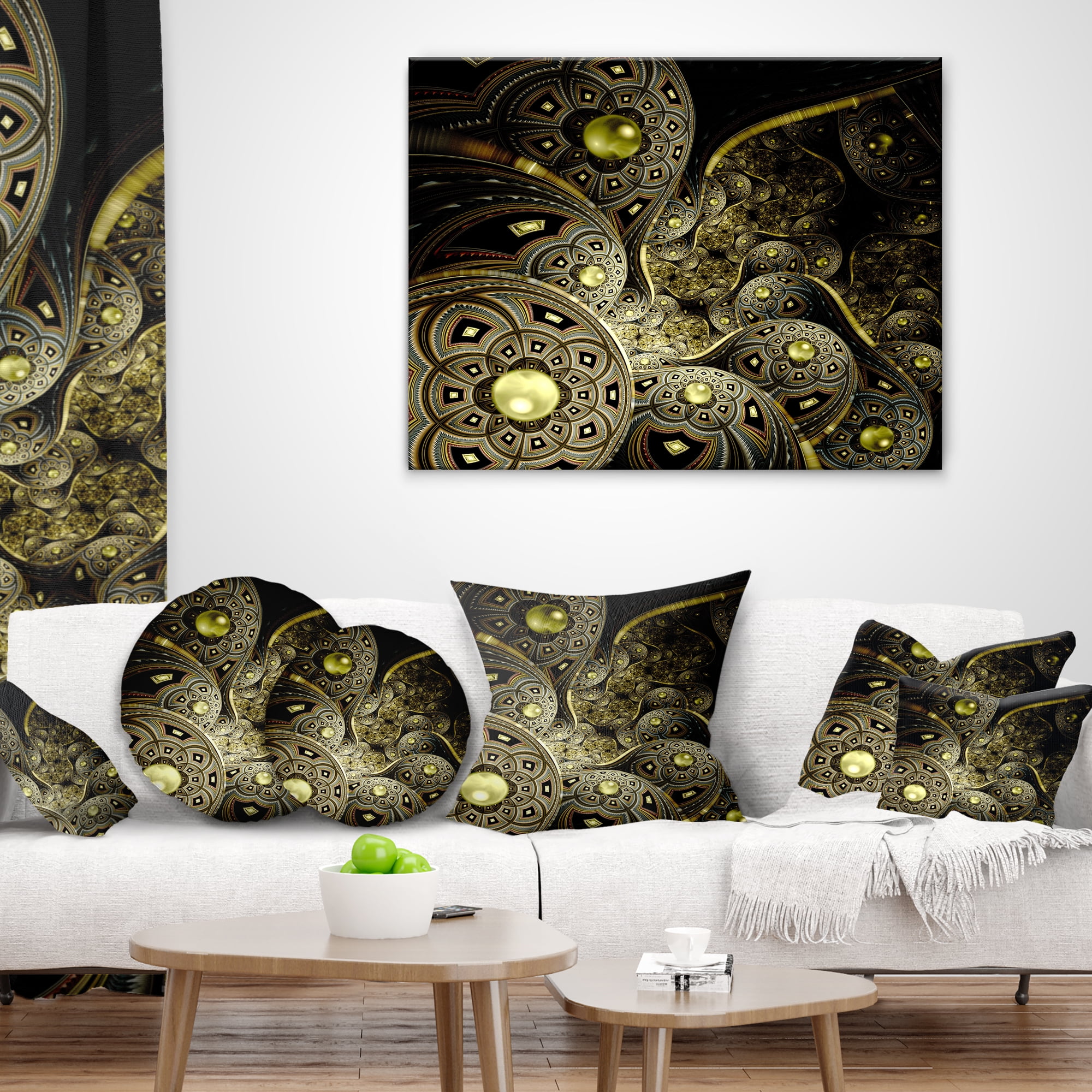 Designart Symmetrical Gold Fractal Flower - Floral Throw Pillow - 16x16