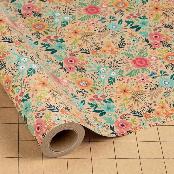 HOMERAL Colorful Floral Kraft Wrapping Paper Roll - 17Inch x 33Feet - Garden Boho Floral Gift Wrap Gift Wrap Paper Spring Summer Blooms Sheet for Wedding, Bridal Shower, Birthday and Engagement