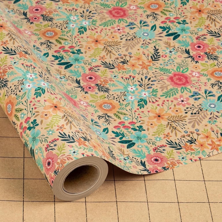 HOMERAL Colorful Floral Kraft Wrapping Paper Roll, 17" x 33' photo 1