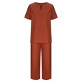 thumbnail image 4 of Women's Cotton Linen 2 Piece Outfit V Neck Shirt Wide Leg Pants Sets Solid Color Soft Tracksuits Elegant Lounge Sets Loose Clothes for Ladies Short Sleeve Casual Orange L, 4 of 6