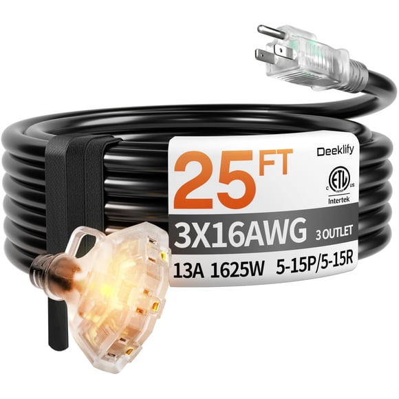 Cable de extensión Deeklify 7,5 m con 3 tomas, resistente al agua, SJTW