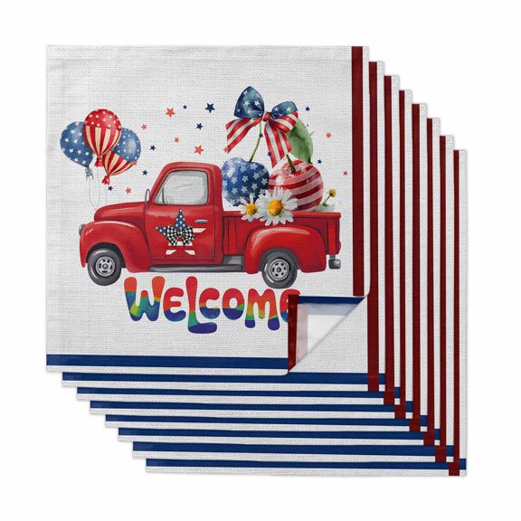 4th of July Cloth Napkins, Red Truck Balloon Floral Cherry Watercolor Washable and Reusable Dinner Napkins Set of 8, Table Napkin for Kitchen Party Birthday Wedding Hotel Housewarming 20"x20"