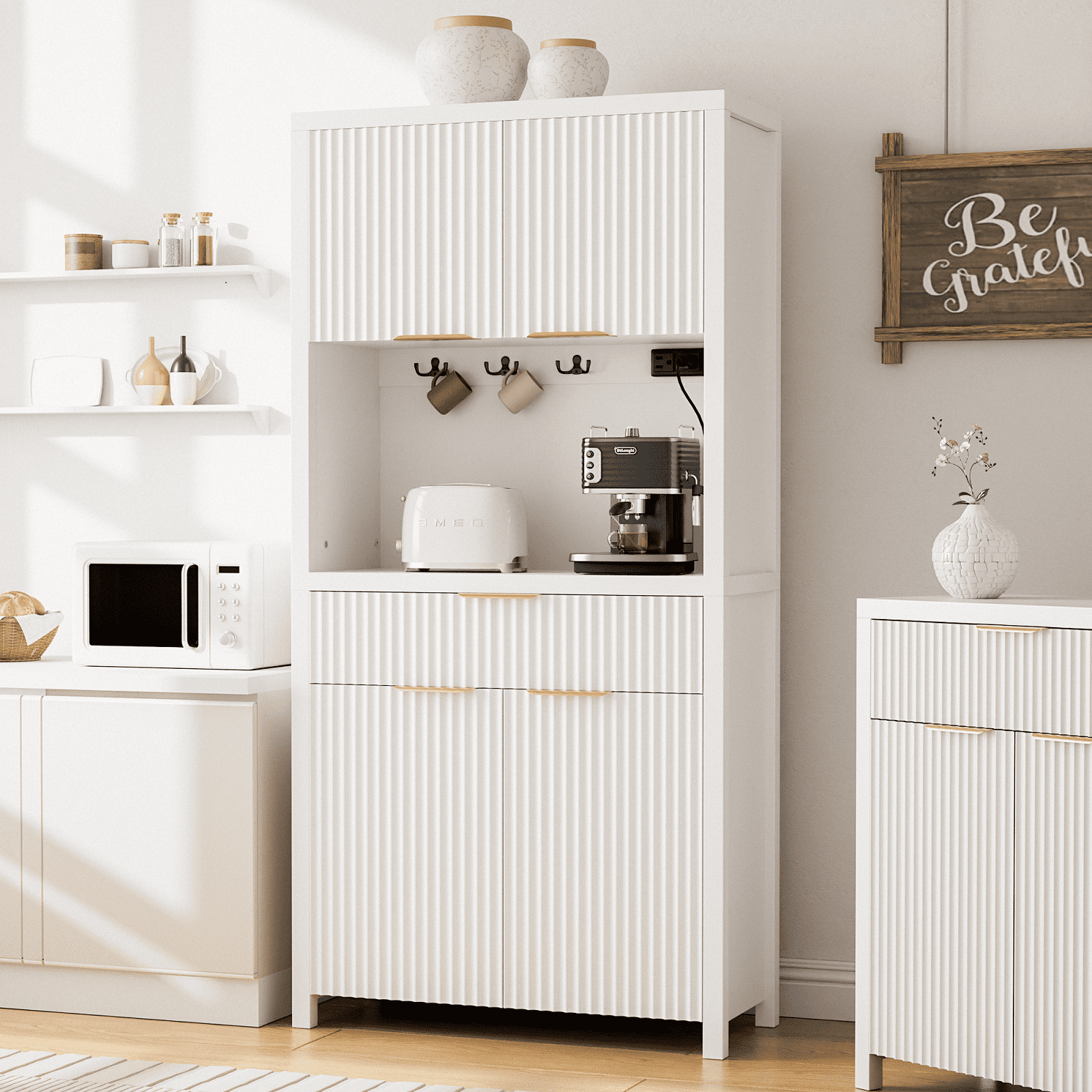 Aufeile 71" Tall Pantry Storage Cabinet with Drawer and Charging Station, Fluted Pantry Cabinet with Adjustable Shelves for Kitchen Dining Room Living Room, White