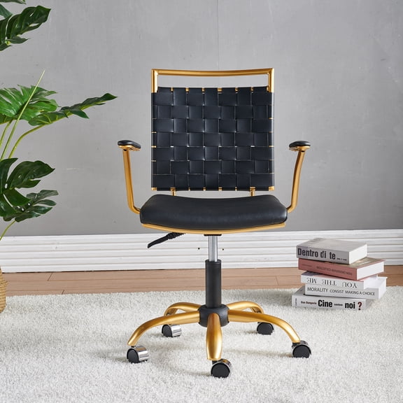 LUXMOD Home Office Desk Chair Task Chair with Armrest Adjustable Swivel Chair in Durable Vegan Leather Gold Office Chair Ergonomic Desk Chair for Extra Back and Lumbar Support – Black