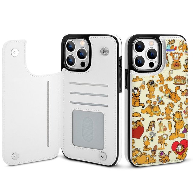 Funda tipo cartera Garfield para iPhone 14 Pro Max con tarjetero, tapa trasera tipo folio de piel sintética con función atril, ranuras para tarjetas, cierre magnético doble, antigolpes.