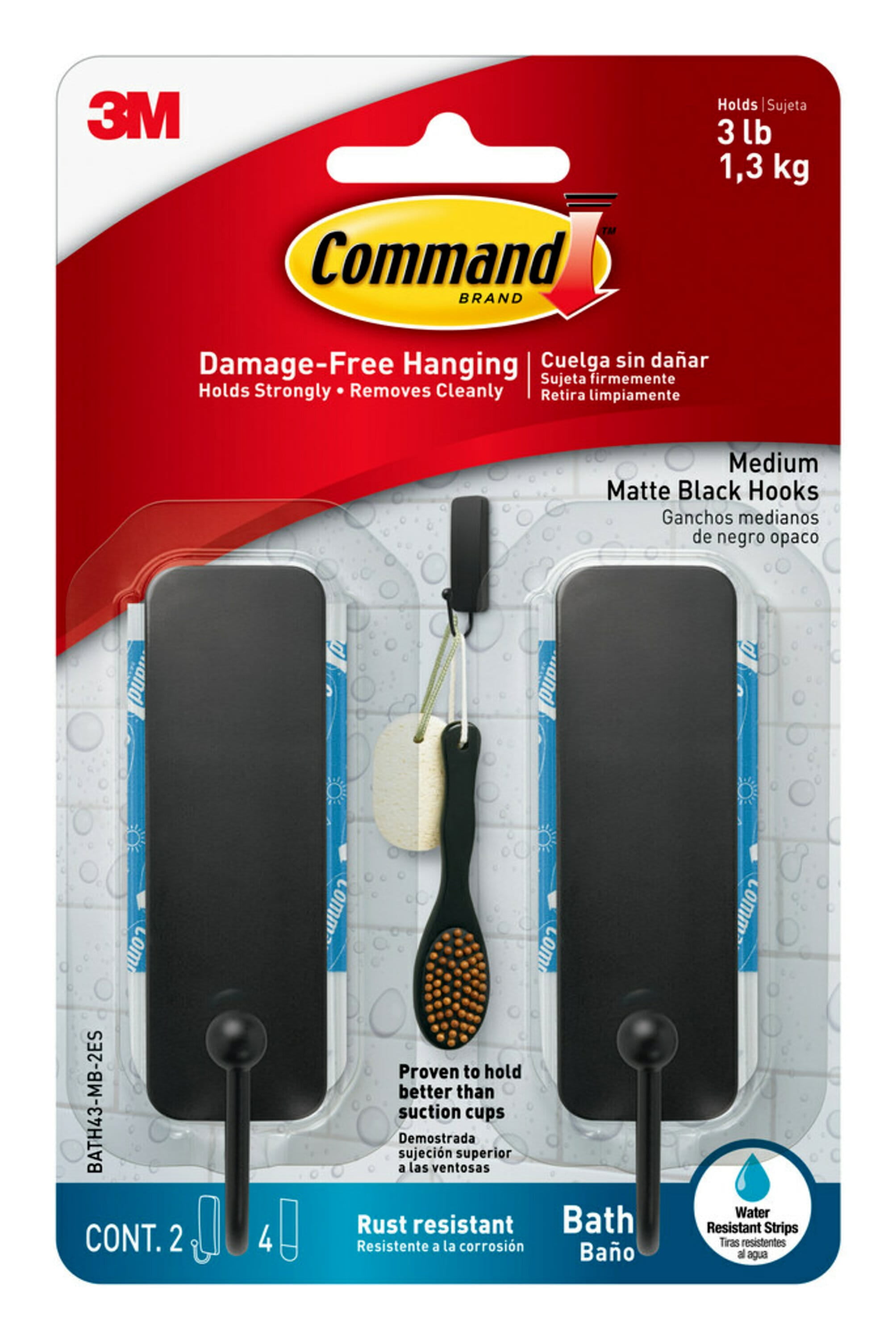 Command Bath Hook, Medium, Matte Black, 2 Hooks 4 Strips per Pack