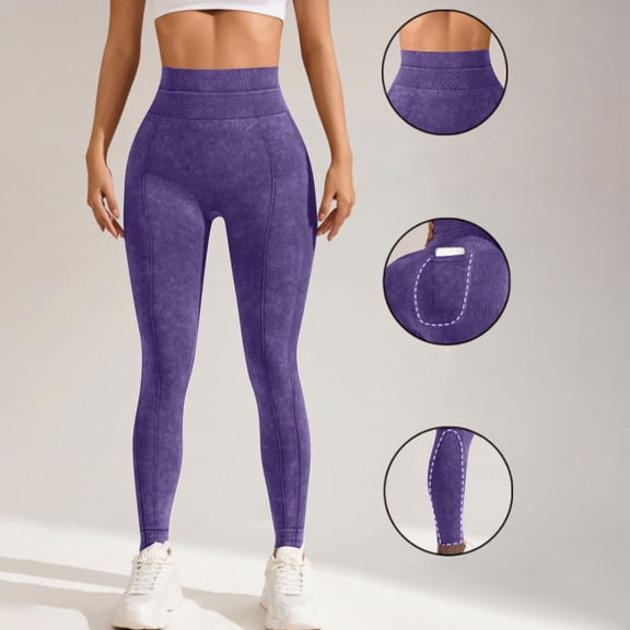 4 Way Stretch Leggings Women's High Waisted Seamless Yoga Leggings with Pockets, Butt Lifting Stretchy Workout Gym Pants Active Wear Purple L
