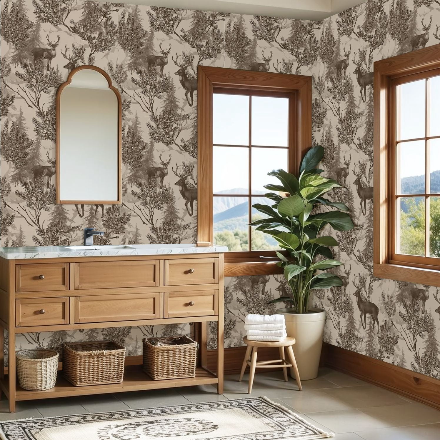 Peel and Stick Wallpaper Deer Woodland Forest Sepia Tones Pine Branches Wall Mural 23.6in x 9.8ft Self Adhesive Removable Wall Paper Renter Friendly Wallpaper for Nursery Bedroom Cabinets
