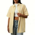 thumbnail image 3 of Women's Striped Short Sleeve Top Shirts Blouses Crewneck Loose Fit Solid Color Casual Daily Wear Business Casual Work Office Fashion Essential Gift for Women | CSEONE,Yellow XL, 3 of 9