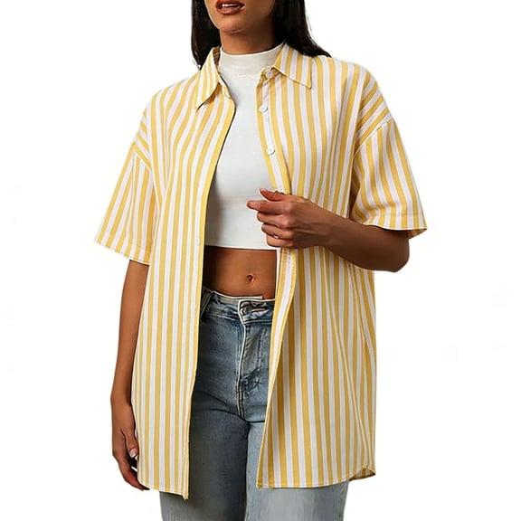 TKLPEHG Women'S Short Sleeve Tops Comfy Solid Color Top Loose Fit Regular V-Neck Casual Lapel Button Striped Tshirts Clothes (Yellow,XL)