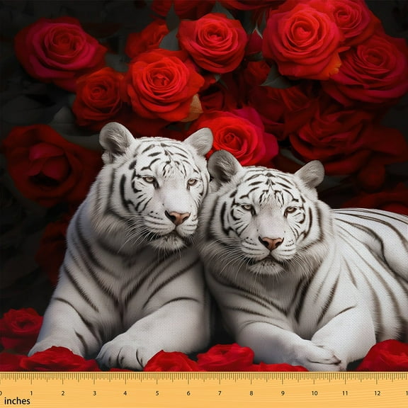 White Tiger Upholstery Fabric,Jungle Animal Fabric By The Yard,Woodland Wildlife Indoor Outdoor Fabric,Romantic Floral Material By The Yard,Red Rose Flower Decorative Fabric ,1 Yard
