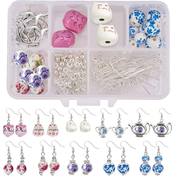 1 Box DIY 10 Pairs Animal Flower Teapot Charms Ceramic White Porcelain Earring Making Starter Kit Fancy Flower Beads Jewelry Arts Craft Supplies Findings