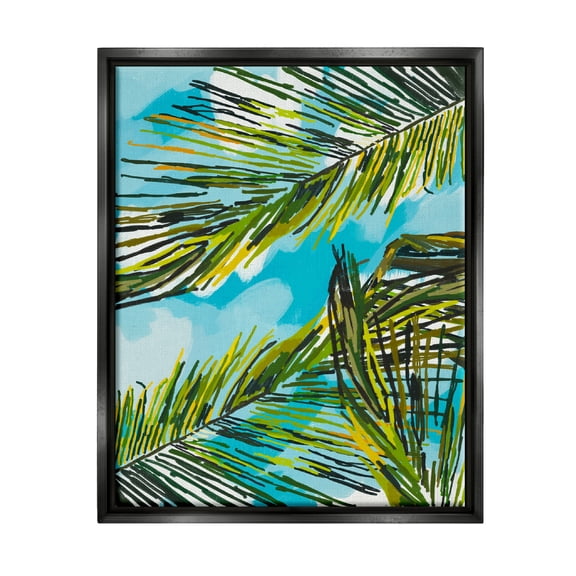 Stupell Industries Palm Leaves Blue Sky Botanical & Floral Painting Black Floater Framed Art Print Wall Art, 17 x 21