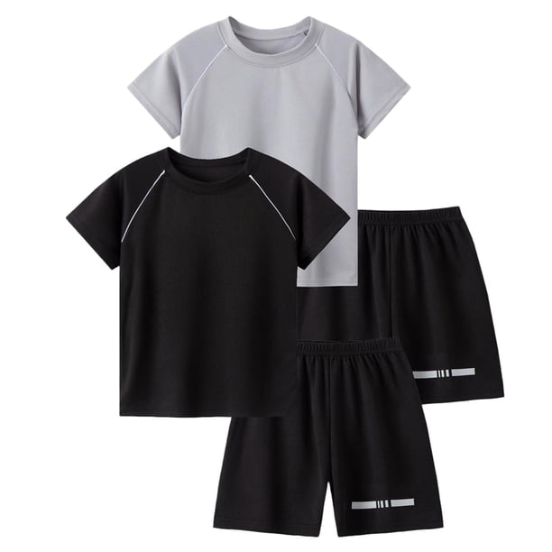 Odeerbi Conjunto Deportivo de Niños de 2 Paquetes Con Rayas Reflectantes, Trajes Deportivos de Secado Rápido Transpirable, Conjunto de Pantalones Cortos de Camiseta de 2 Piezas, 5-12 Años