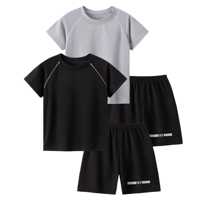 Odeerbi Conjunto Deportivo de Niños de 2 Paquetes Con Rayas Reflectantes, Trajes Deportivos de Secado Rápido Transpirable, Conjunto de Pantalones Cortos de Camiseta de 2 Piezas, 5-12 Años
