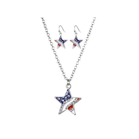 Lux Accessories Silver Tone American Flag Inspired Star Necklace Earrings Set