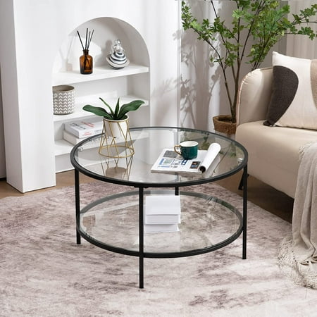 Glass Coffee Table,30" Round Coffee Table Black Coffee Tables for Living Room,2-Tier Glass Top Coffee Table with Storage Clear Coffee Table,Simple & Modern Center Table Mesa de Centro Para Sala