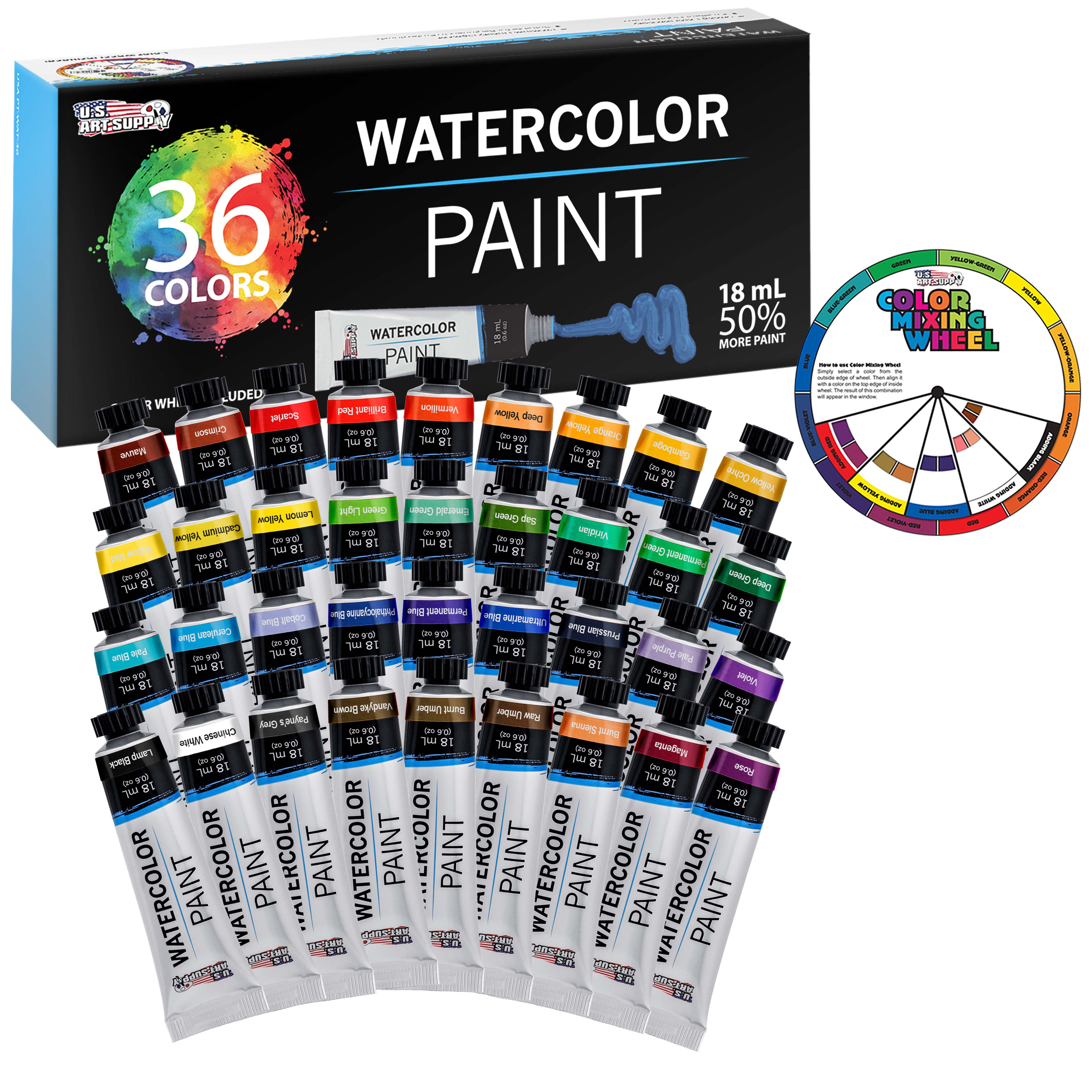 U.s. Art Supply 18Ml Large Tube Premium Vivid Watercolor Artist Paint Set ( 36-Colors) Includes Bonus Color Mixing Wheel - Walmart.com