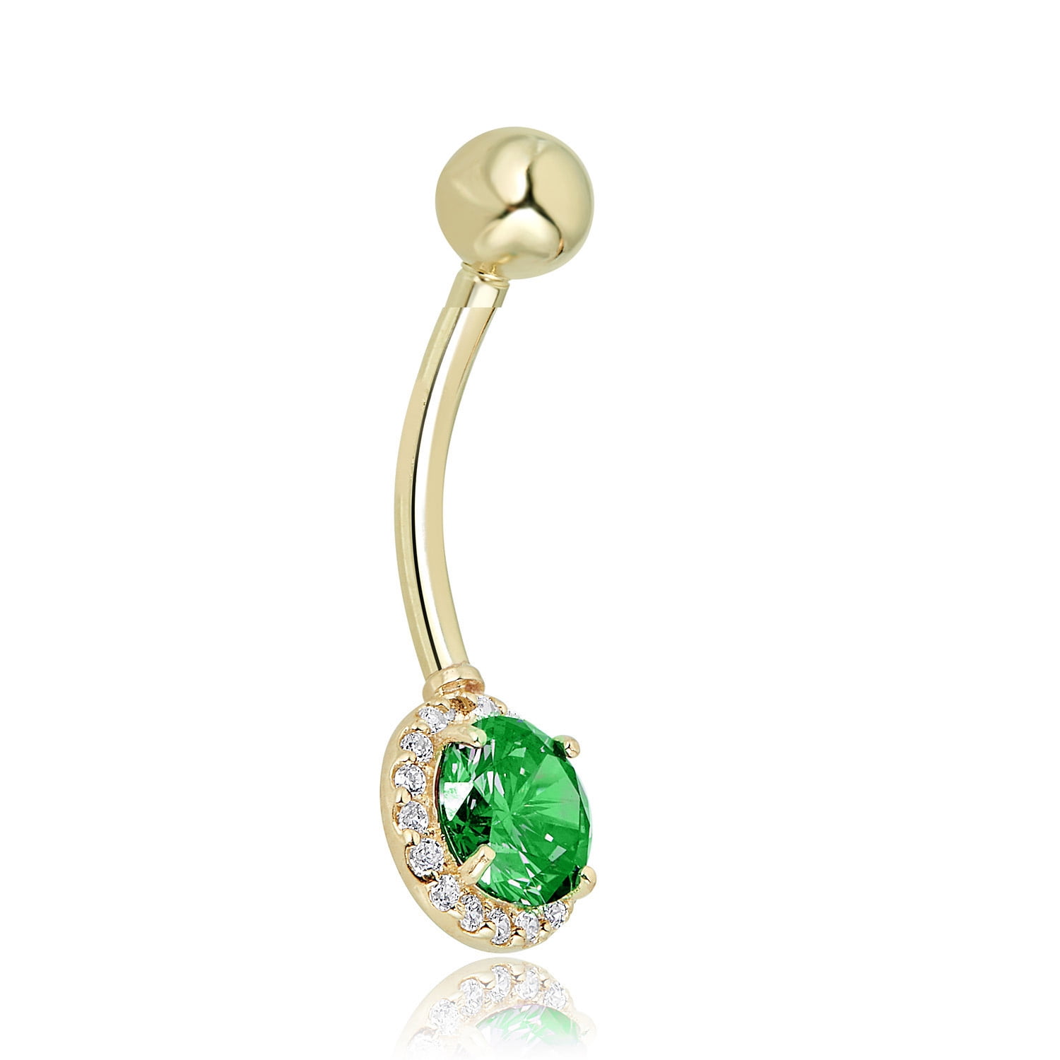 AVORA 10K Yellow Gold Green Simulated Diamond CZ Halo Belly Button Ring Body Jewelry (14 Gauge)