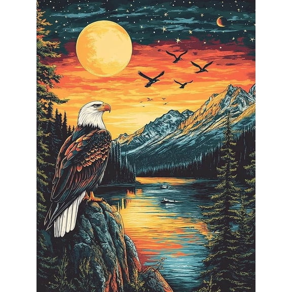5D DIY Diamond Painting Set "Eagle by the Lake, Moon" Round Diamond Art Crafts for Adults, Suitable for Wall Decoration, Bedroom and Home Decoration