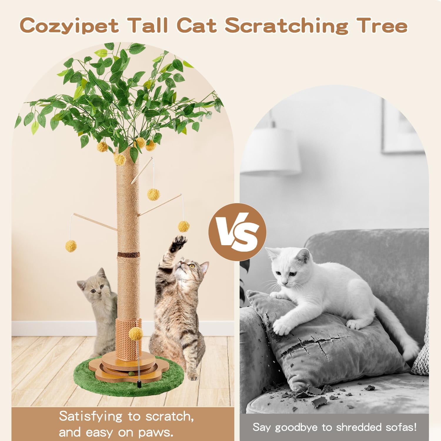 45 Tall  Scratching Post with Sisal Rope for Indoor Cats Adults Kittens,  Tree Scratcher with Hanging Balls,  Groomer, Track Balls