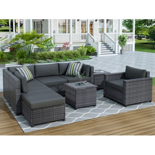 8 Piece Rattan Sectional Seating Group With Cushions Patio Furniture Sets Outdoor Wicker Sectional New Walmart Com Walmart Com