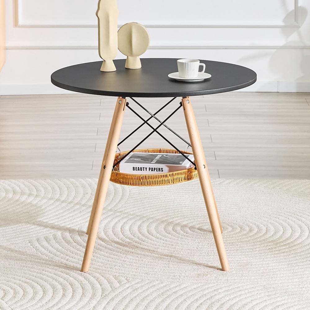 31.5" Round Dining Table, Black MDF Vacuum-Formed Tabletop with Solid Wood Legs, Woven Storage Basket, Modern Kitchen Table for 2-4