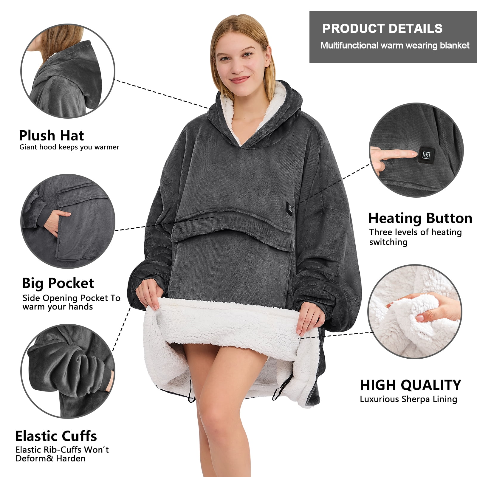 PMONPA Heated Wearable Blanket, Oversized Wearable Heated Blanket for Adult, Sherpa Fleece Blanket Hoodie, One Size, Grey