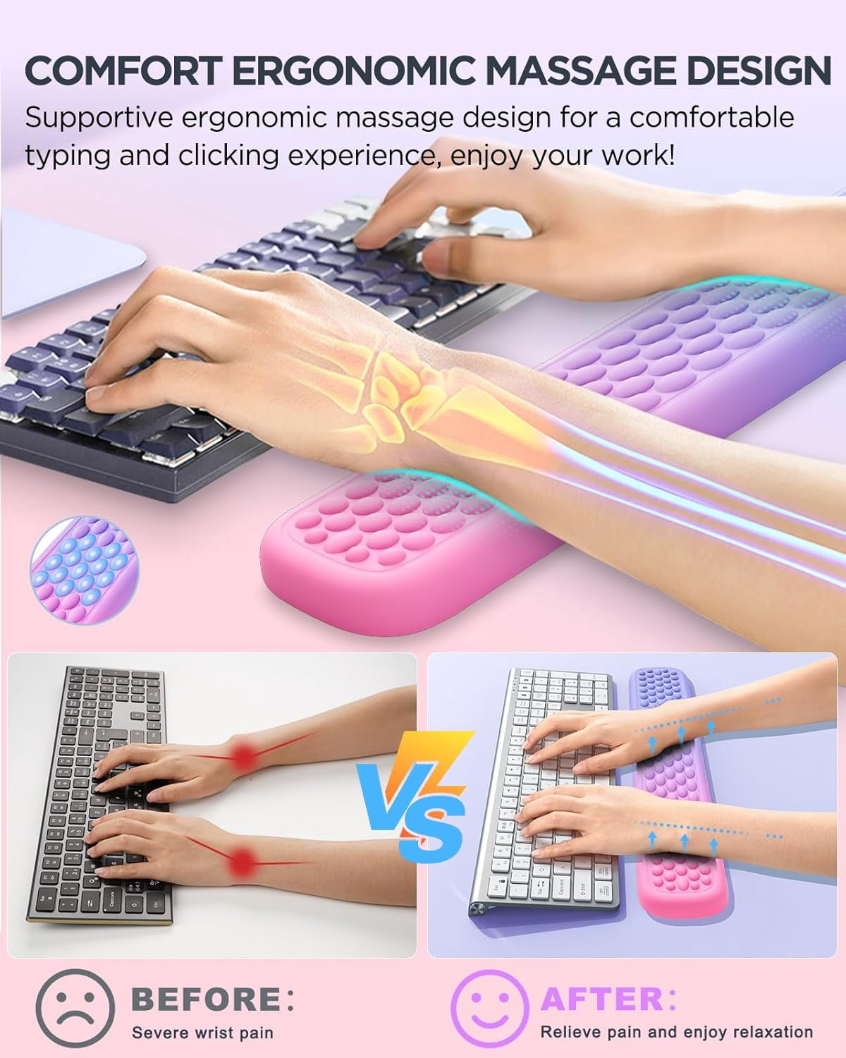 Ergonomic Gaming Wrist Rest for Computer Keyboard & Mouse - Premium Silky Memory Foam Wrist Pad with Massage Points, Pain Relief & Comfort Wrist Support for Typing, PC, Game (Pink/Purple)
