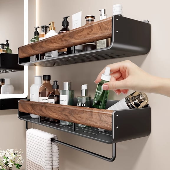 Wall-Mounted Bathroom Shelf, Sturdy Storage Rack for Shower or Over Toilet, No-Drill Installation, Walnut Wood