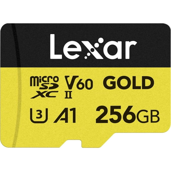 Lexar Carte Micro SD Professionnelle 256 Go Or, UHS-II, C10, U3, V60, A1, Full HD, 4K UHD, jusqu'à 280/180 MB/s, pour Drones, Caméras d'Action, Appareils de Jeu Portables (LMSGOLD256G-BNNNG)