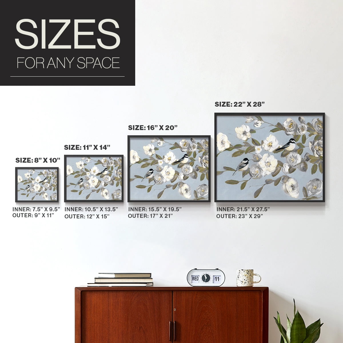 Chickadees and Blossoms I by Sally Swatland - Restickable Framed Giclée Print
