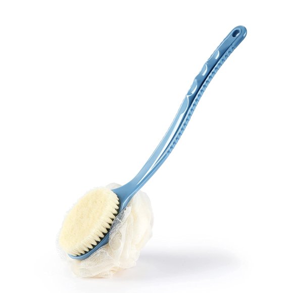 Cepillo corporal de ducha con cerdas y esponja de malla para baño con mango largo curvado para exfoliar la piel, cerdas de masaje de baño adecuadas para hombres y mujeres húmedos o secos (azul)