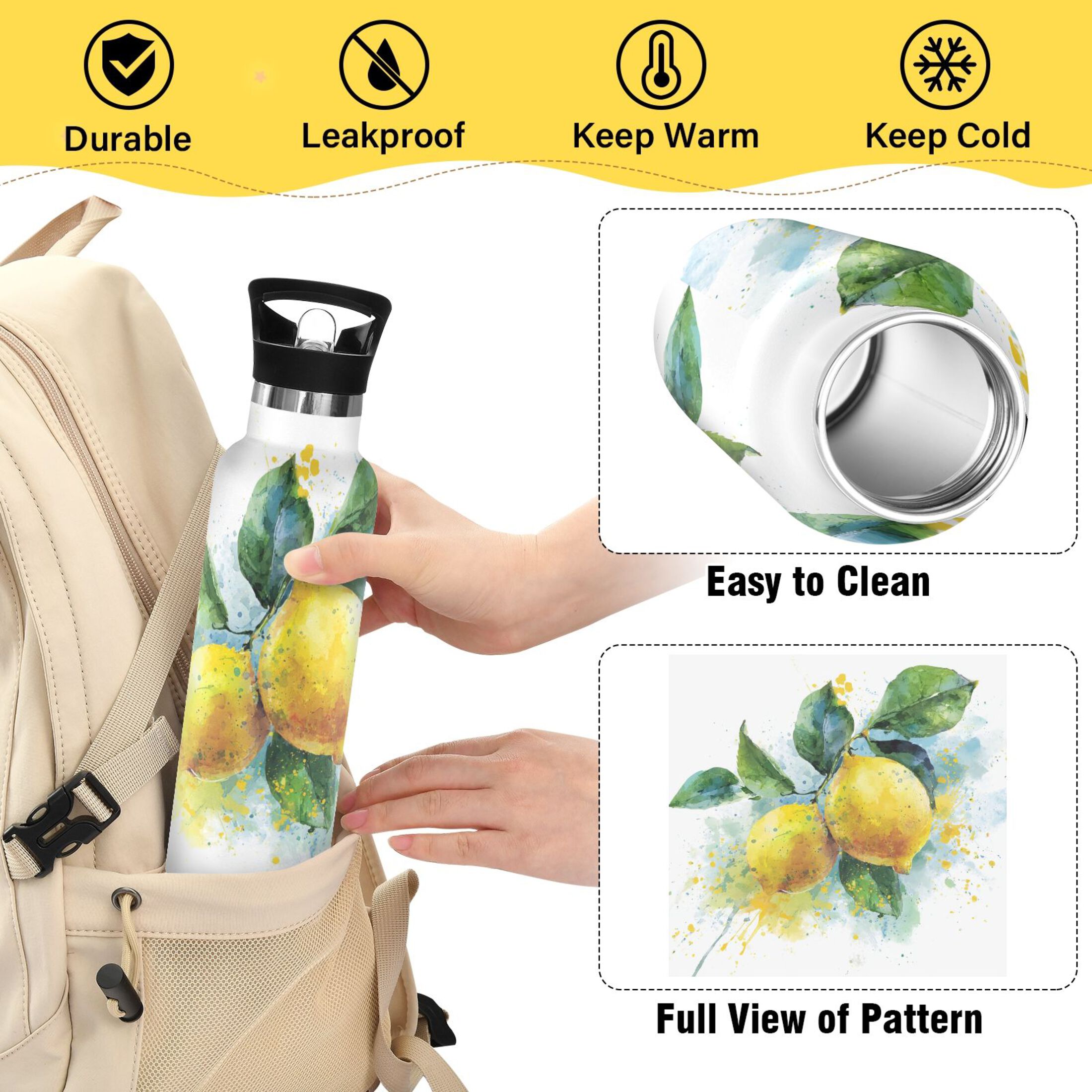 600ML Stainless Steel Insulated Cup Sports Water Bottle Portable Thermos Cup Water Glasses Insulated Tumblers Convenient and Durable Lemon