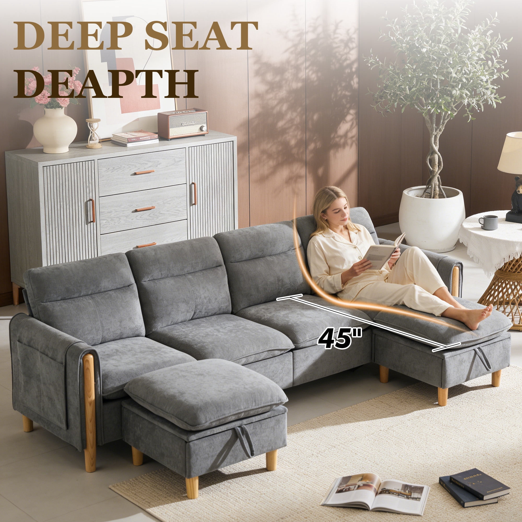 MOONMISS 4-Seater Chenille Sectional Sofa with 2 Storage Ottoman & Side Pocket Convertible Chaise Lounge for Living Room,Gray